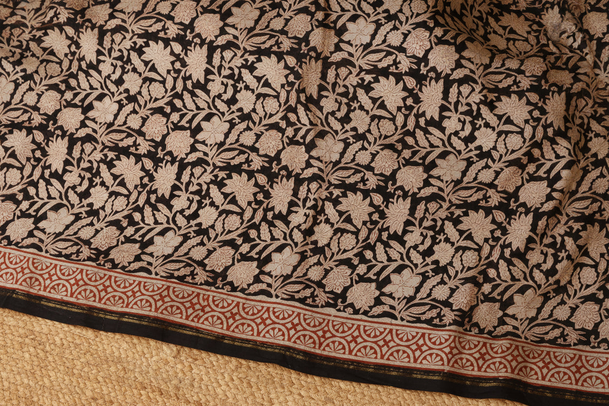 Pure Chanderi Silk Saree with Elegant blue  Prints and Zari Border – 100% Handloom Blouse Piece Included