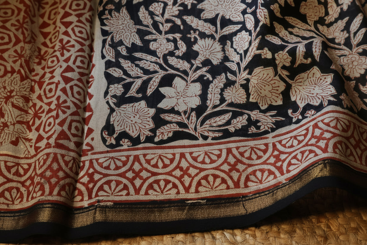 Pure Chanderi Silk Saree with Elegant blue  Prints and Zari Border – 100% Handloom Blouse Piece Included