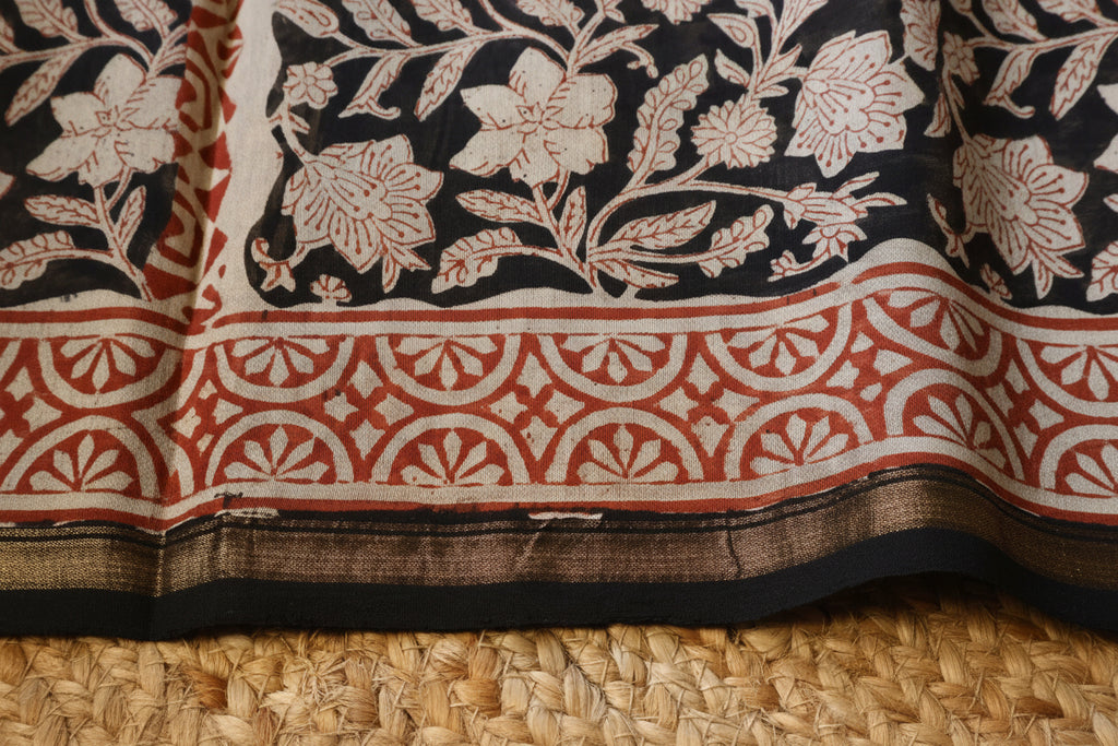 Pure Chanderi Silk Saree with Elegant blue  Prints and Zari Border – 100% Handloom Blouse Piece Included