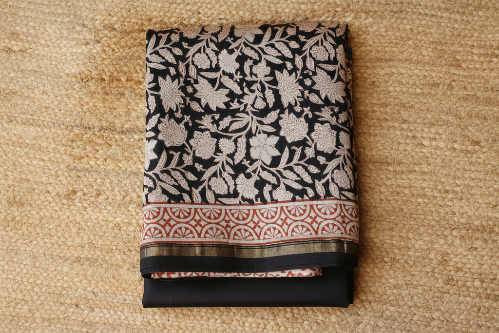 Pure Chanderi Silk Saree with Elegant blue  Prints and Zari Border – 100% Handloom Blouse Piece Included