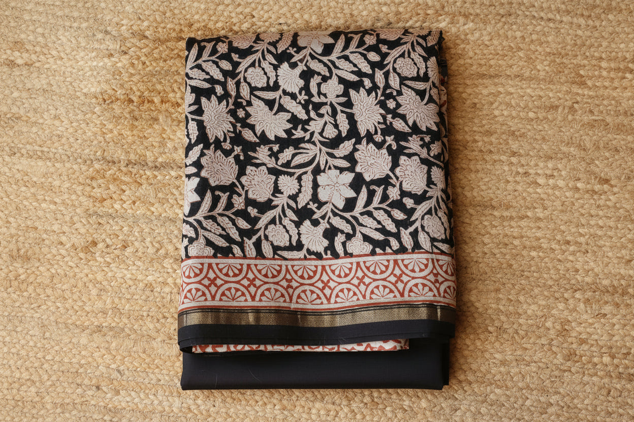 Pure Chanderi Silk Saree with Elegant blue  Prints and Zari Border – 100% Handloom Blouse Piece Included