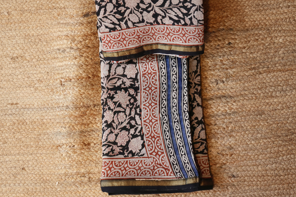 Pure Chanderi Silk Saree with Elegant blue  Prints and Zari Border – 100% Handloom Blouse Piece Included