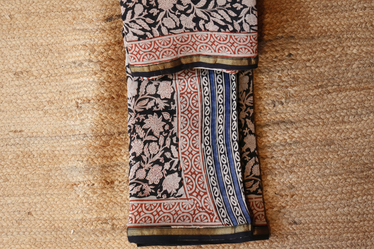 Pure Chanderi Silk Saree with Elegant blue  Prints and Zari Border – 100% Handloom Blouse Piece Included