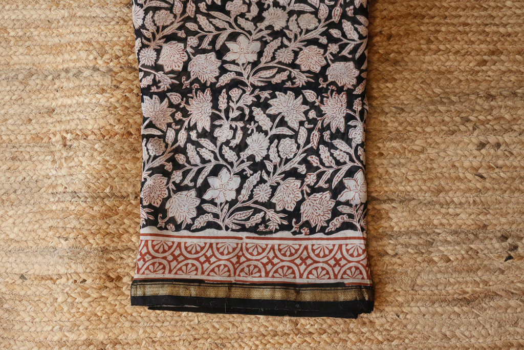 Pure Chanderi Silk Saree with Elegant blue  Prints and Zari Border – 100% Handloom Blouse Piece Included