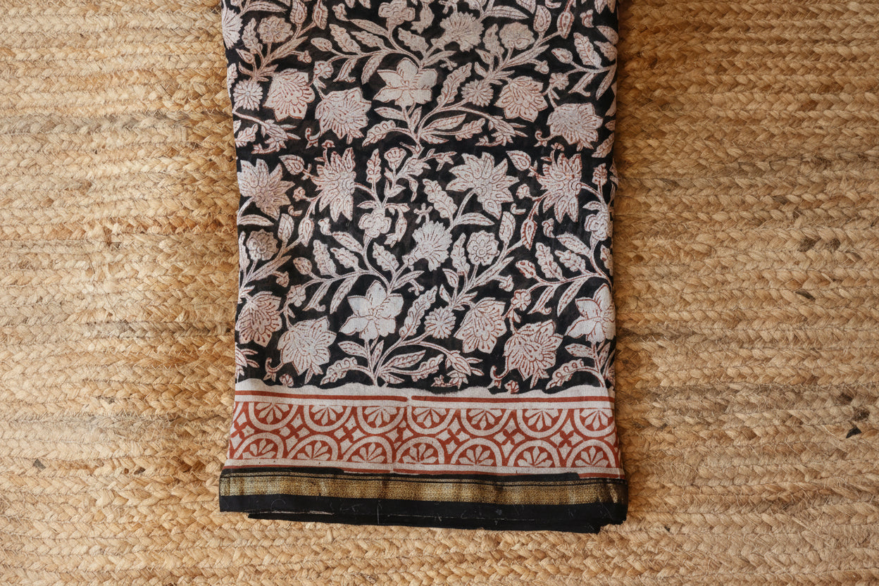 Pure Chanderi Silk Saree with Elegant blue  Prints and Zari Border – 100% Handloom Blouse Piece Included