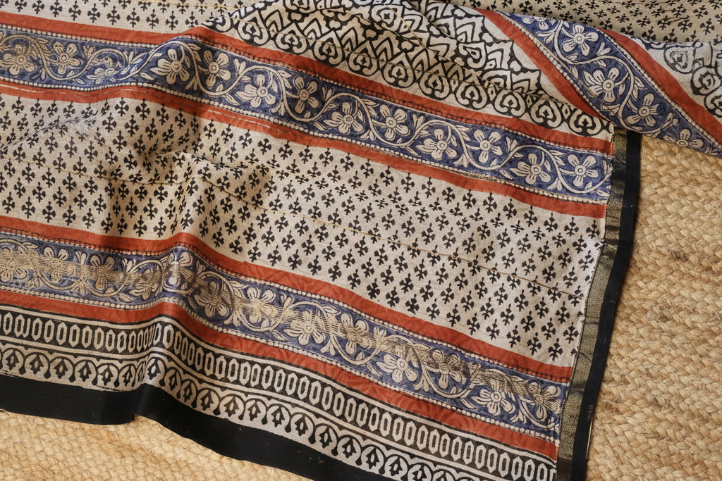 Pure Chanderi Silk Saree with Elegant blue  Prints and Zari Border – 100% Handloom Blouse Piece Included