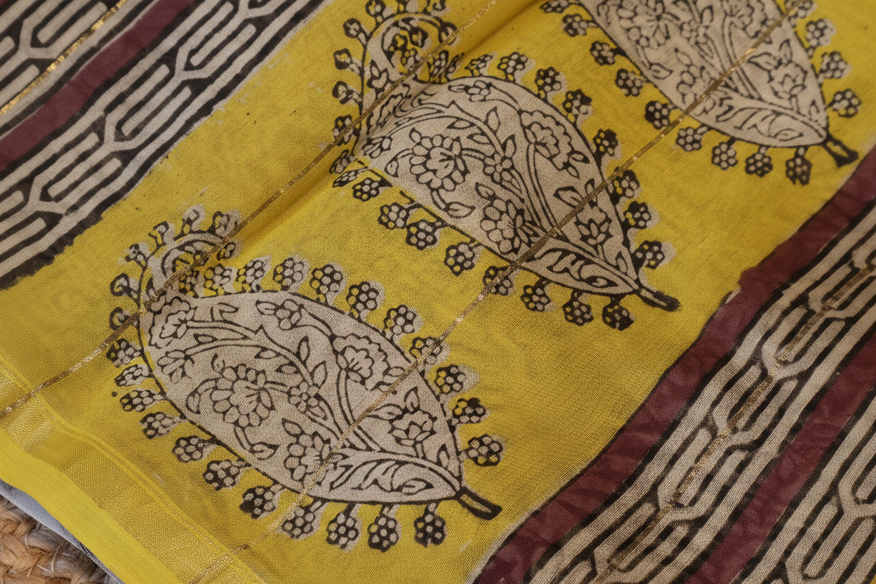 Pure Chanderi Silk Saree with Elegant blue  Prints and Zari Border – 100% Handloom .
