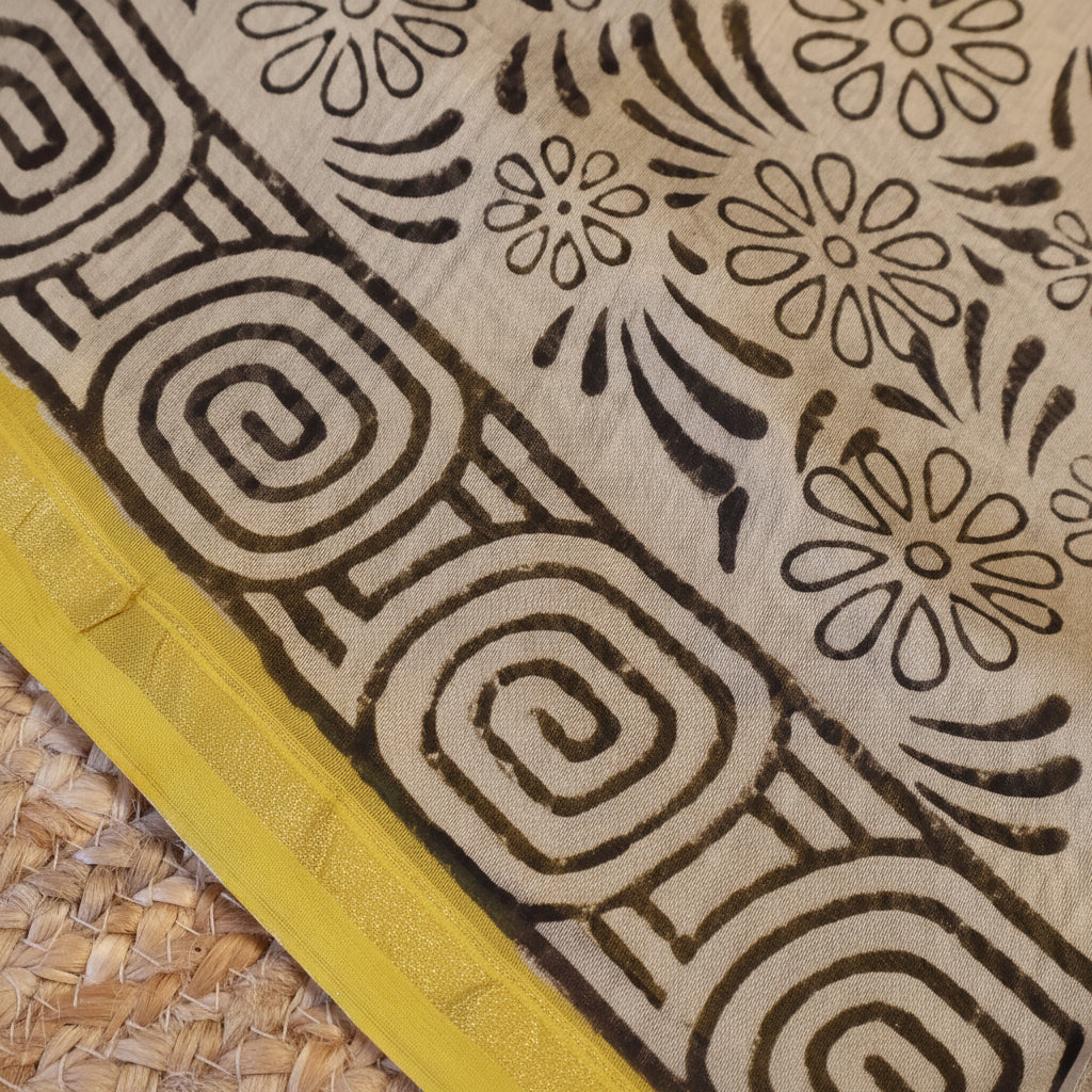 Pure Chanderi Silk Saree with Elegant blue  Prints and Zari Border – 100% Handloom .