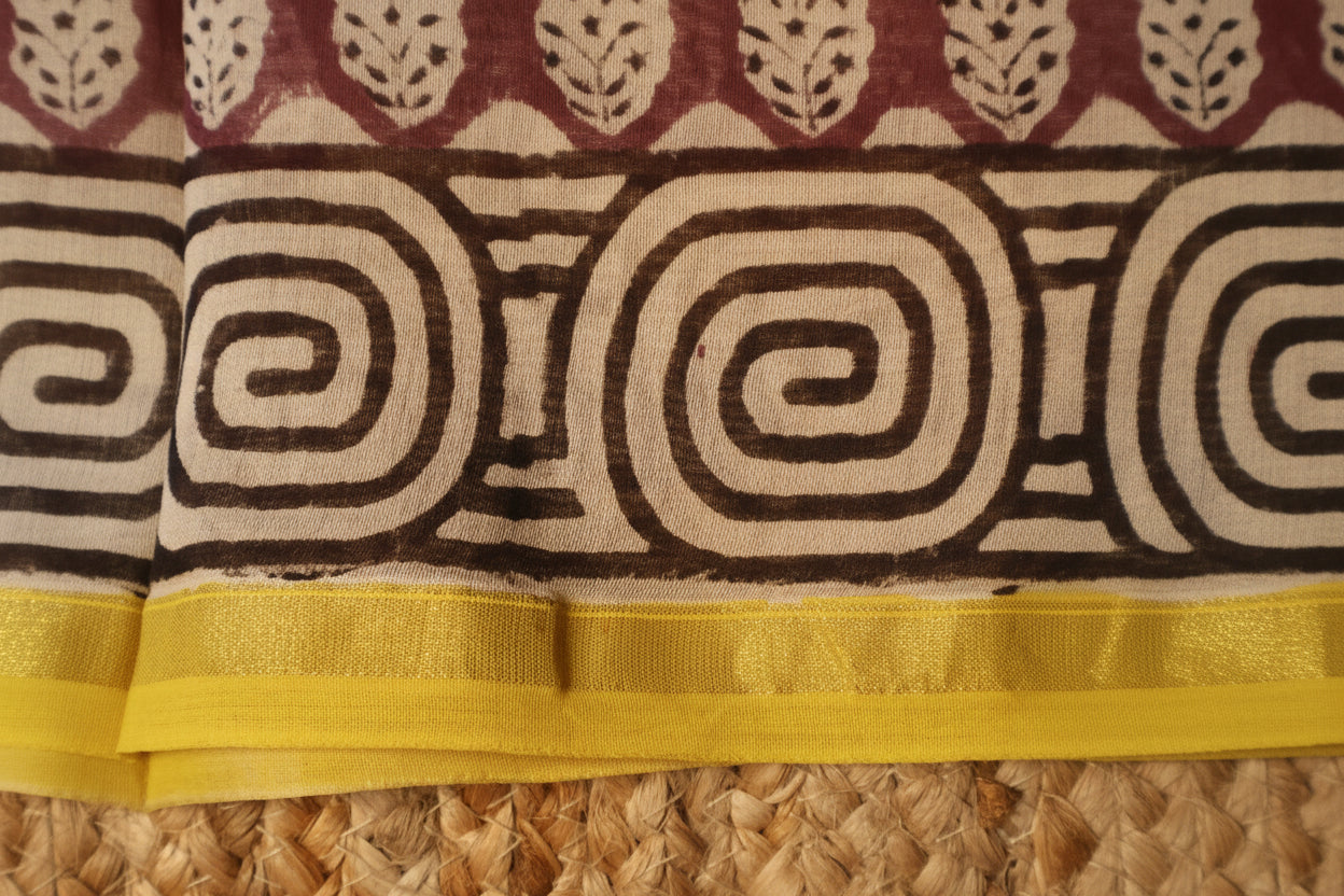 Pure Chanderi Silk Saree with Elegant blue  Prints and Zari Border – 100% Handloom .