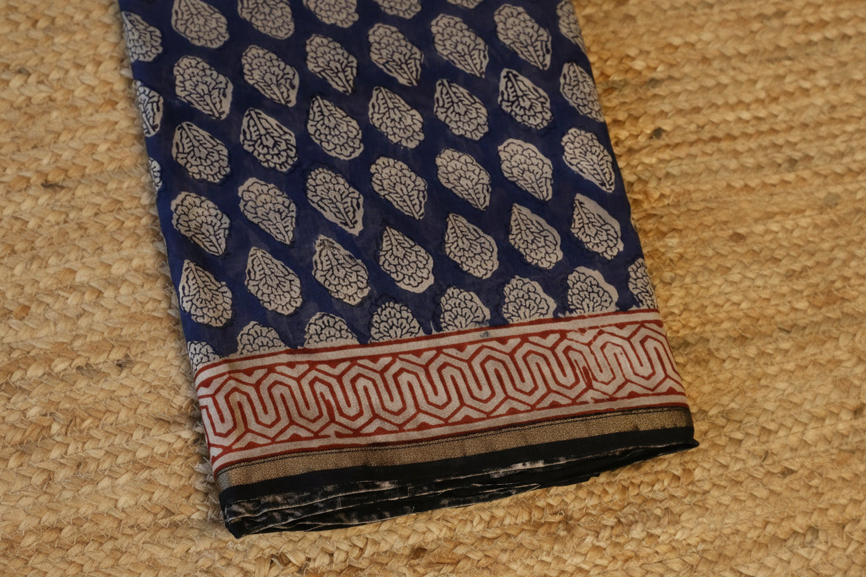 Pure Chanderi Silk Saree with Elegant blue  Prints and Zari Border – 100% Handloom.
