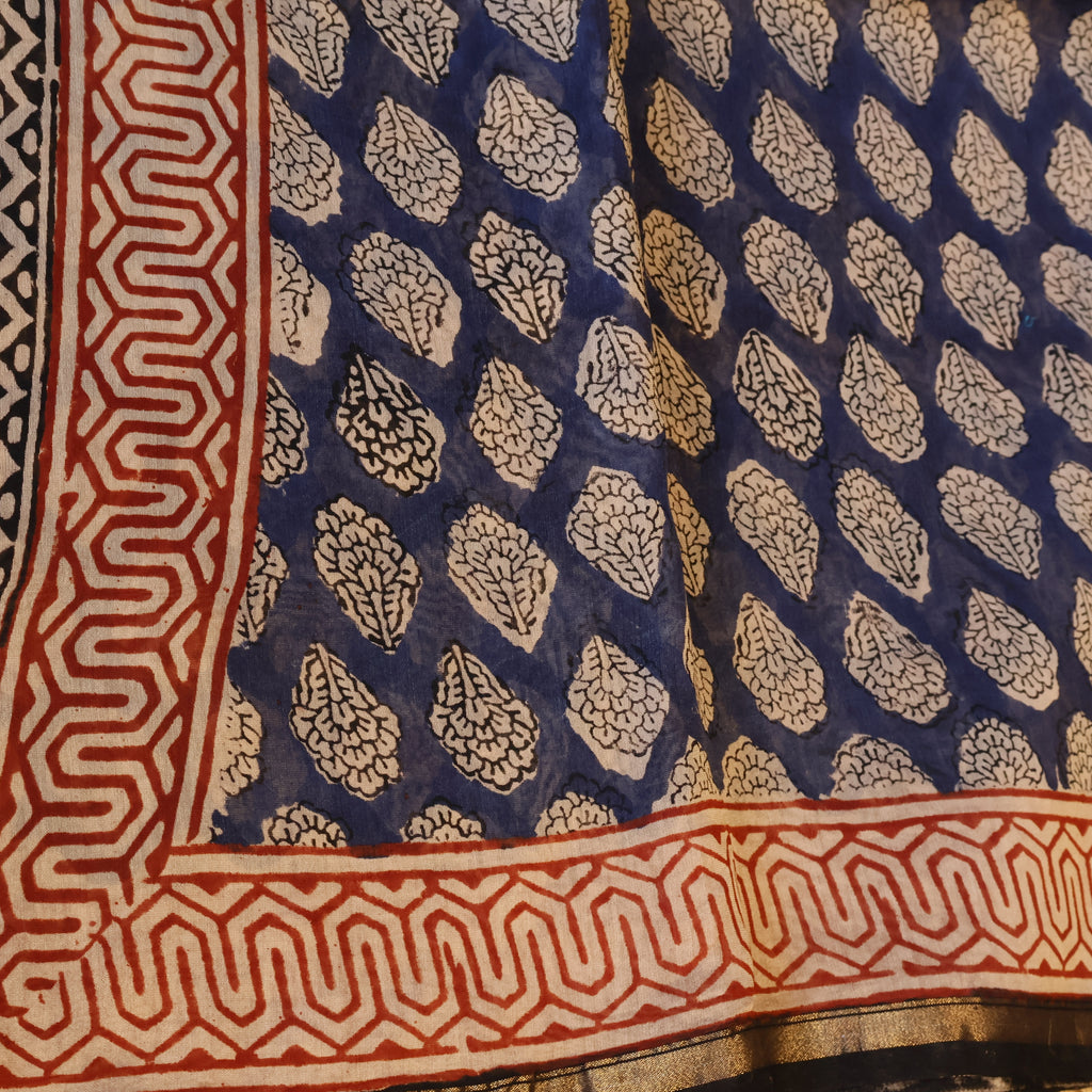 Pure Chanderi Silk Saree with Elegant blue  Prints and Zari Border – 100% Handloom.