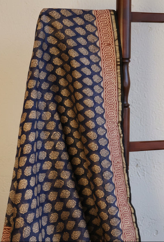 Pure Chanderi Silk Saree with Elegant blue  Prints and Zari Border – 100% Handloom.