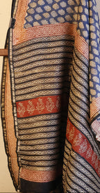 Pure Chanderi Silk Saree with Elegant blue  Prints and Zari Border – 100% Handloom.