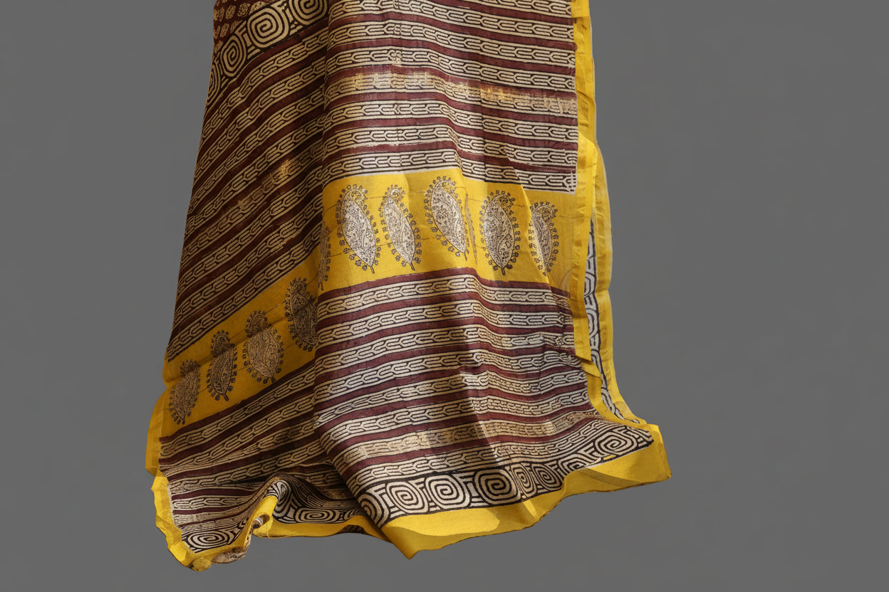 Pure Chanderi Silk Saree with Elegant blue  Prints and Zari Border – 100% Handloom .