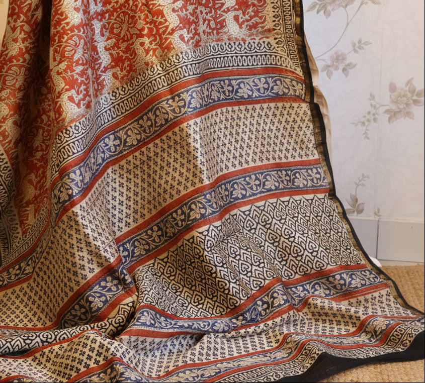 Pure Chanderi Silk Saree with Elegant blue  Prints and Zari Border – 100% Handloom