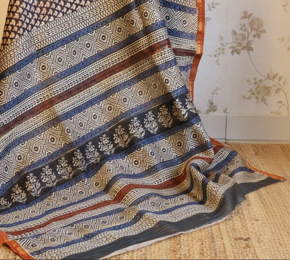 Pure Chanderi Silk Saree with Elegant blue  Prints and Zari Border – 100% Handloom Blouse Piece Included