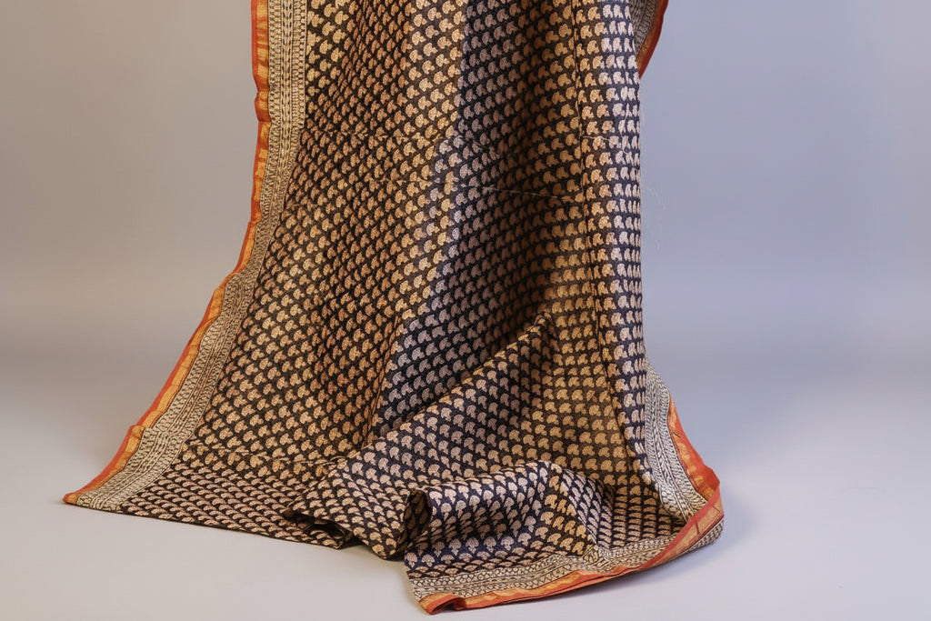 Pure Chanderi Silk Saree with Elegant blue  Prints and Zari Border – 100% Handloom Blouse Piece Included