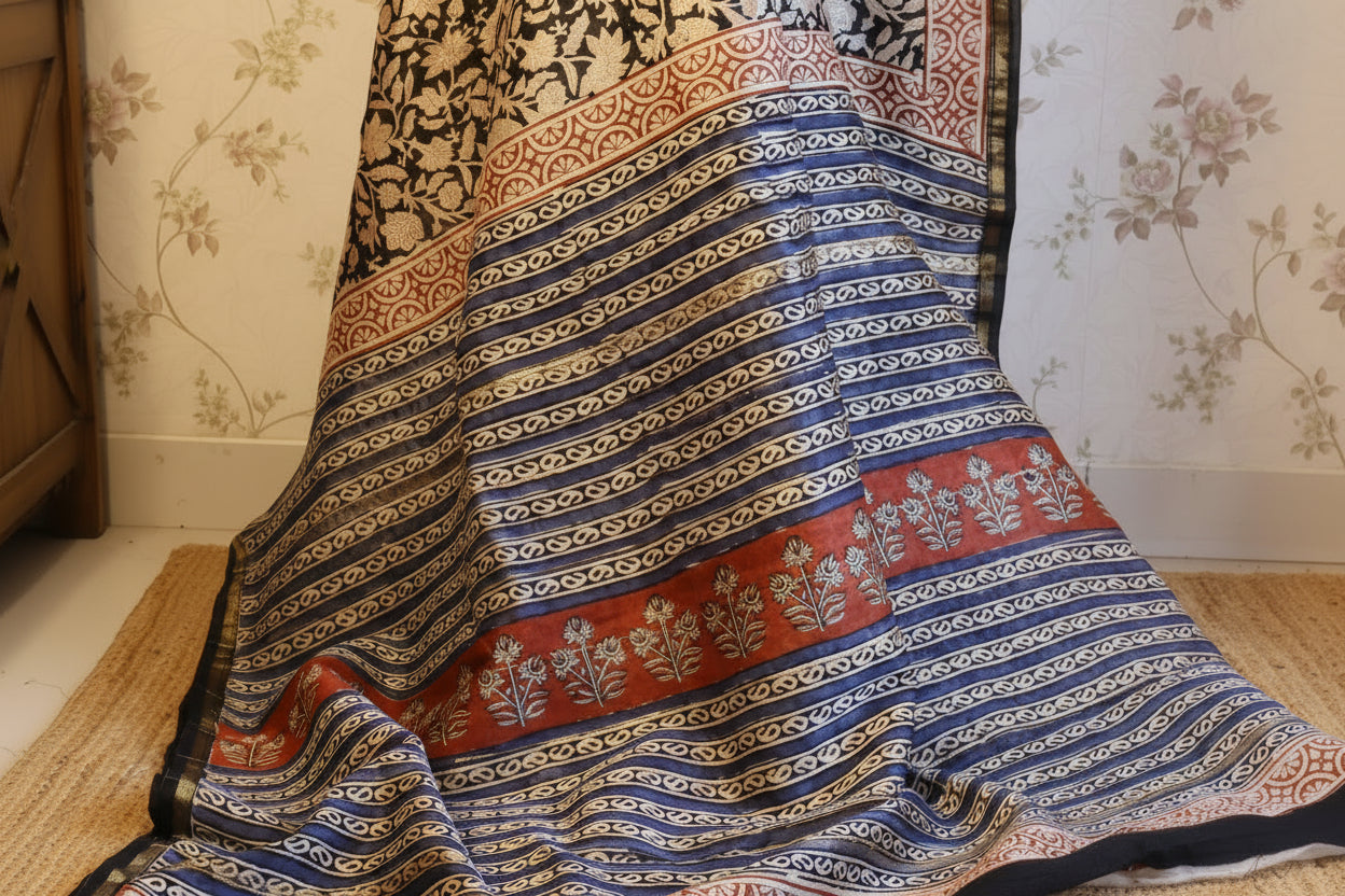 Pure Chanderi Silk Saree with Elegant blue  Prints and Zari Border – 100% Handloom Blouse Piece Included
