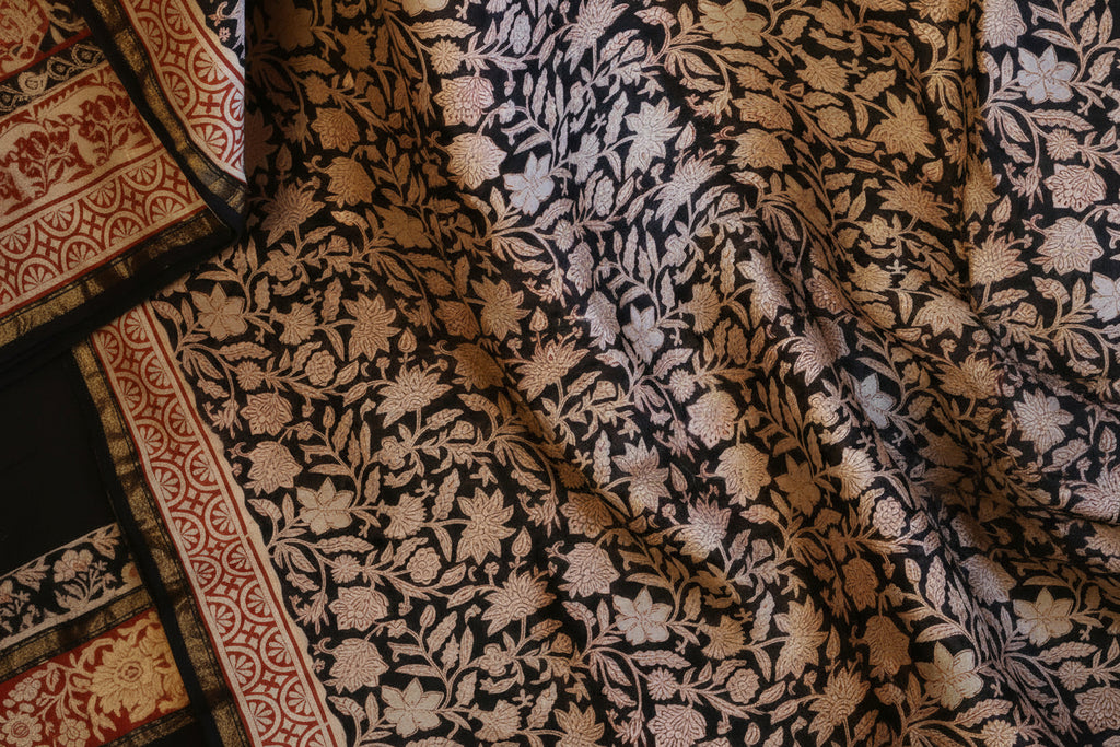 Pure Chanderi Silk Saree with Elegant blue  Prints and Zari Border – 100% Handloom Blouse Piece Included