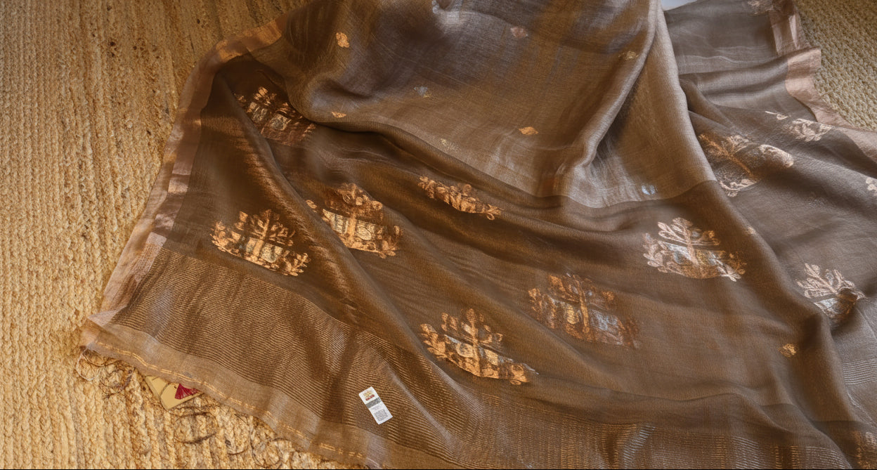 100 % Pure Silk Linen Saree – with silk mark  West Bengal Handloom.