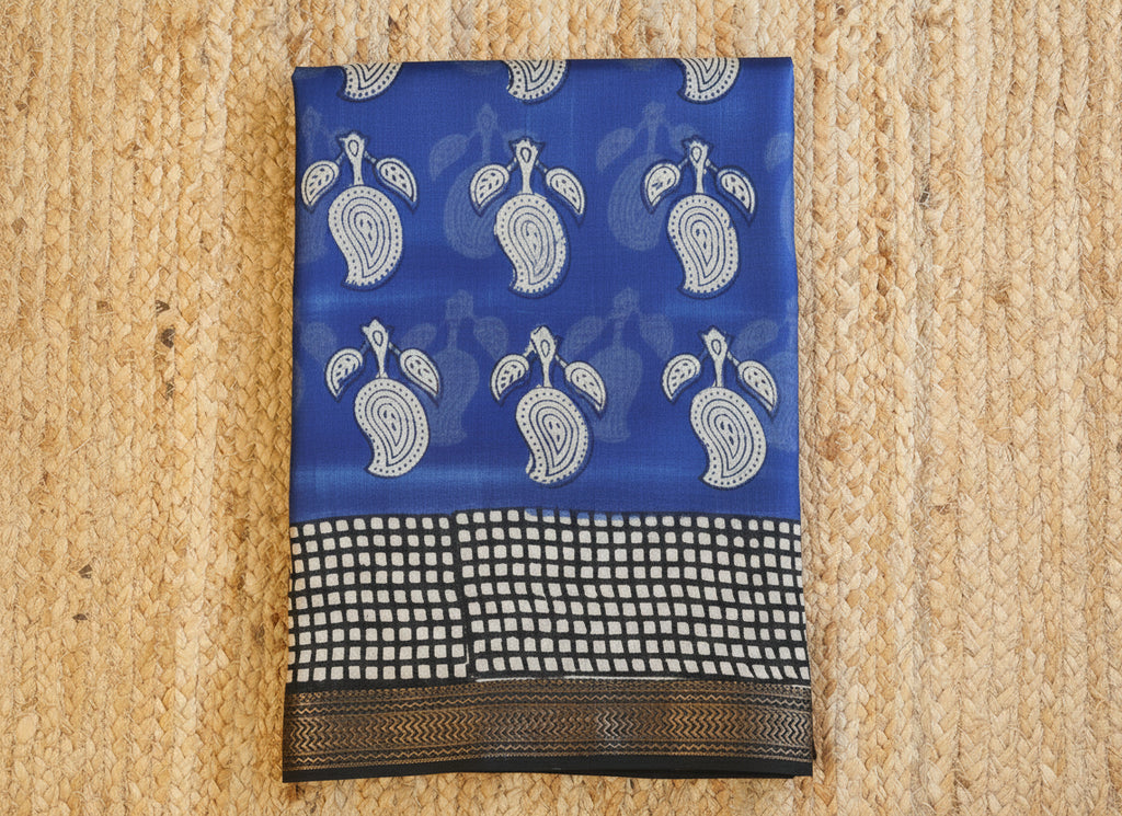 Navy Blue and White Maheshwari Handloom Saree with White design and Silk Zari – 80% Silk, 20% Cotton (Cotton Silk).