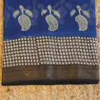 Navy Blue and White Maheshwari Handloom Saree with White design and Silk Zari – 80% Silk, 20% Cotton (Cotton Silk).