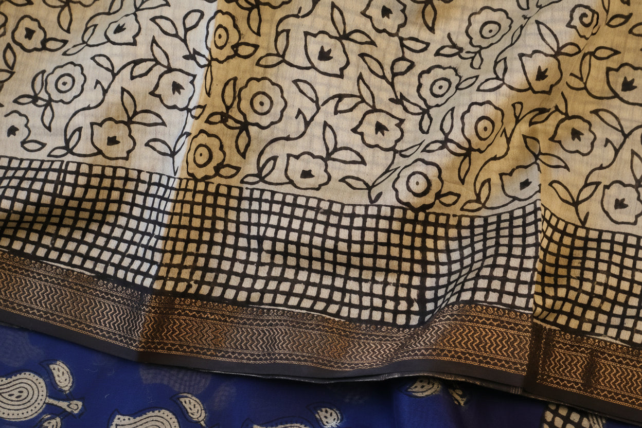 Navy Blue and White Maheshwari Handloom Saree with White design and Silk Zari – 80% Silk, 20% Cotton (Cotton Silk).