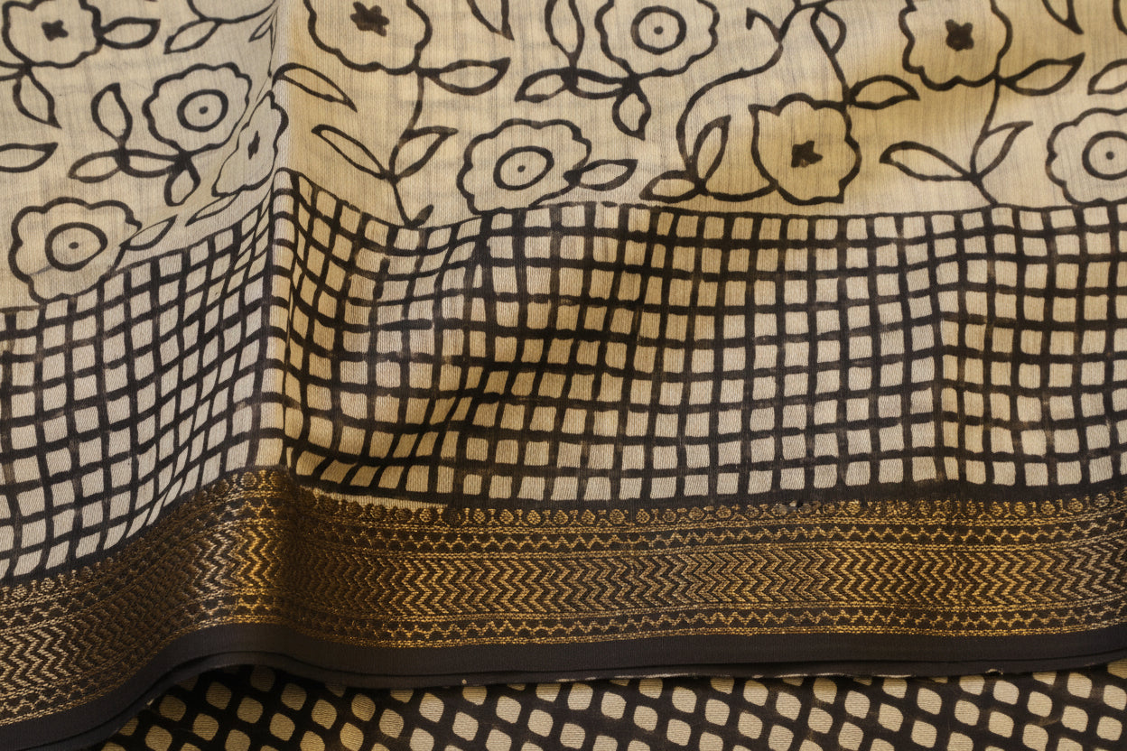 Navy Blue and White Maheshwari Handloom Saree with White design and Silk Zari – 80% Silk, 20% Cotton (Cotton Silk).