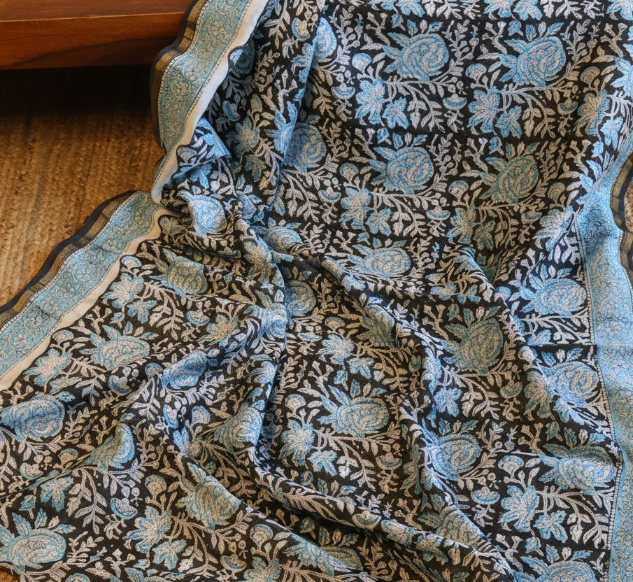 Pure Chanderi Silk Saree with Elegant blue  Prints and Zari Border – 100% Handloom .