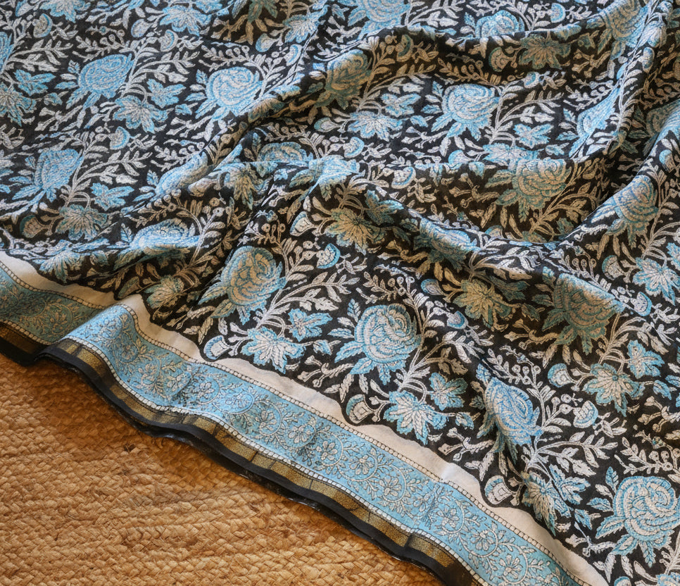 Pure Chanderi Silk Saree with Elegant blue  Prints and Zari Border – 100% Handloom .