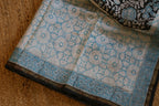 Pure Chanderi Silk Saree with Elegant blue  Prints and Zari Border – 100% Handloom .