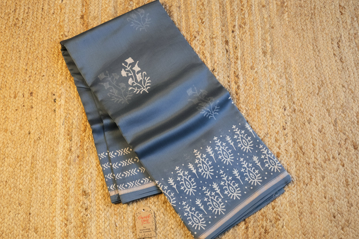 Turquoise Blue Pure Chanderi Silk Saree with Elegant White Prints and Zari Border –  100% Handloom | Blouse Piece Included