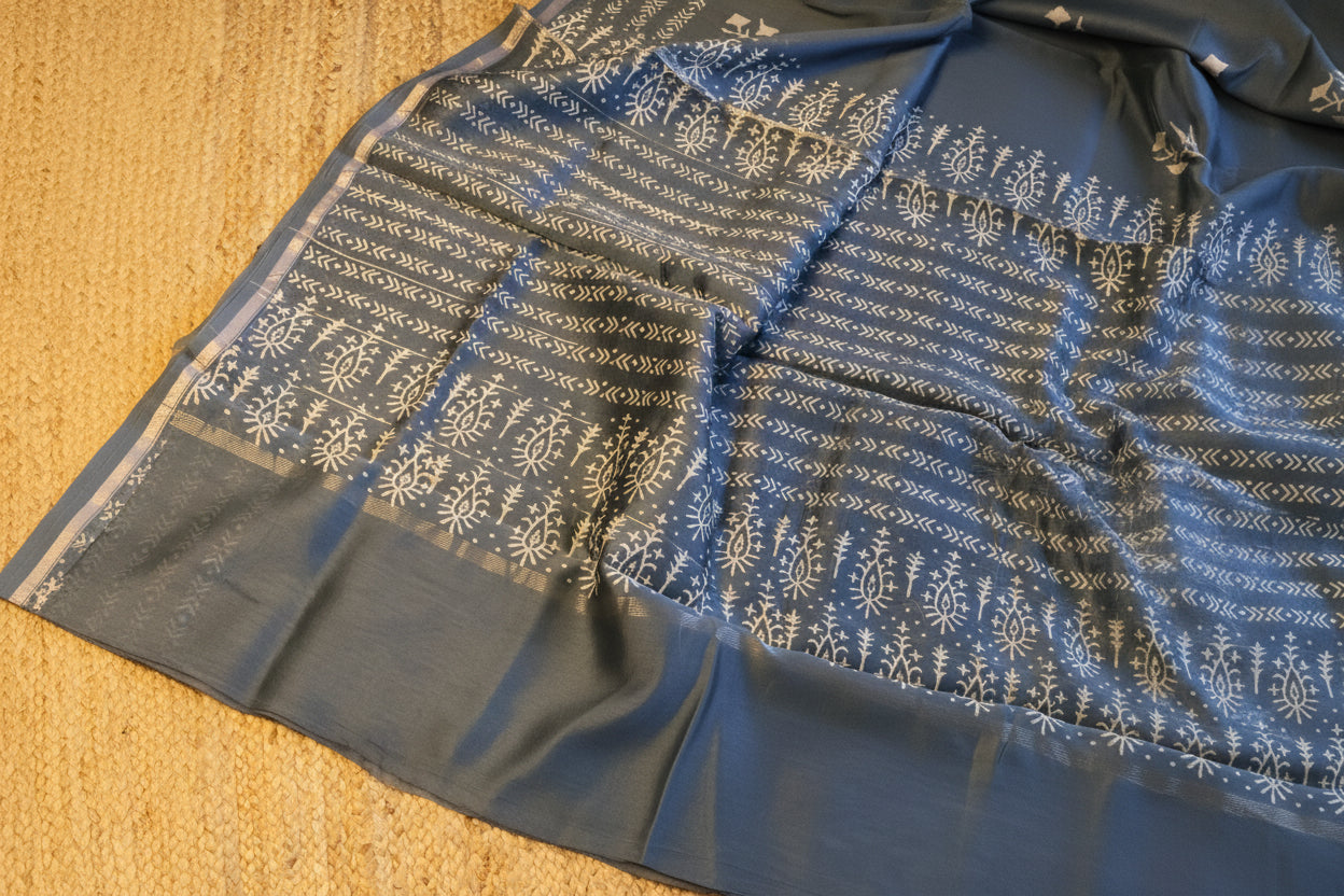 Turquoise Blue Pure Chanderi Silk Saree with Elegant White Prints and Zari Border –  100% Handloom | Blouse Piece Included