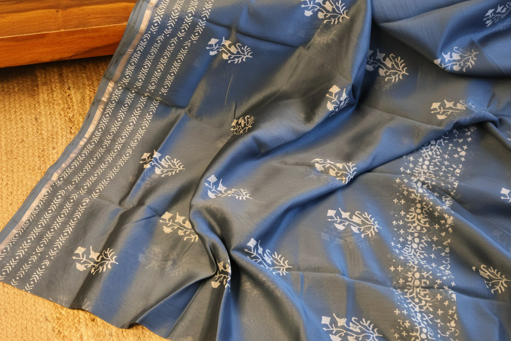 Turquoise Blue Pure Chanderi Silk Saree with Elegant White Prints and Zari Border –  100% Handloom | Blouse Piece Included