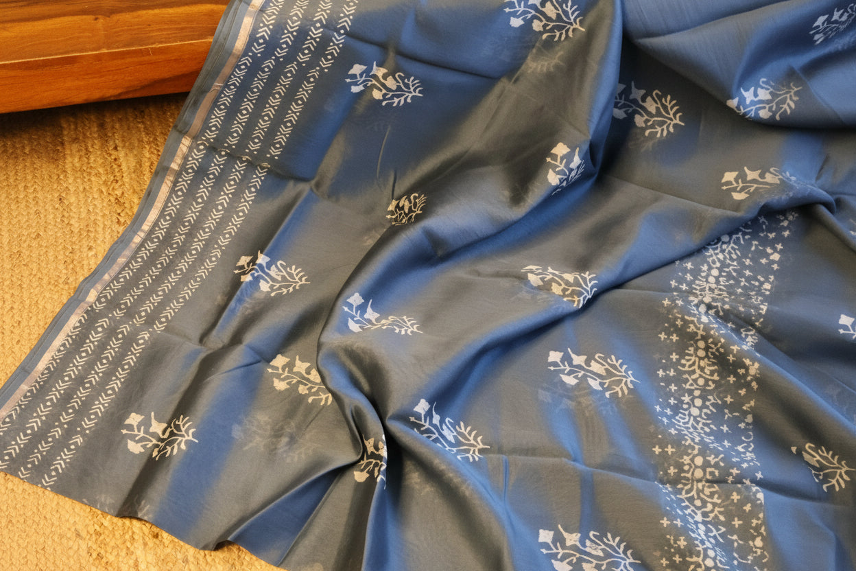 Turquoise Blue Pure Chanderi Silk Saree with Elegant White Prints and Zari Border –  100% Handloom | Blouse Piece Included