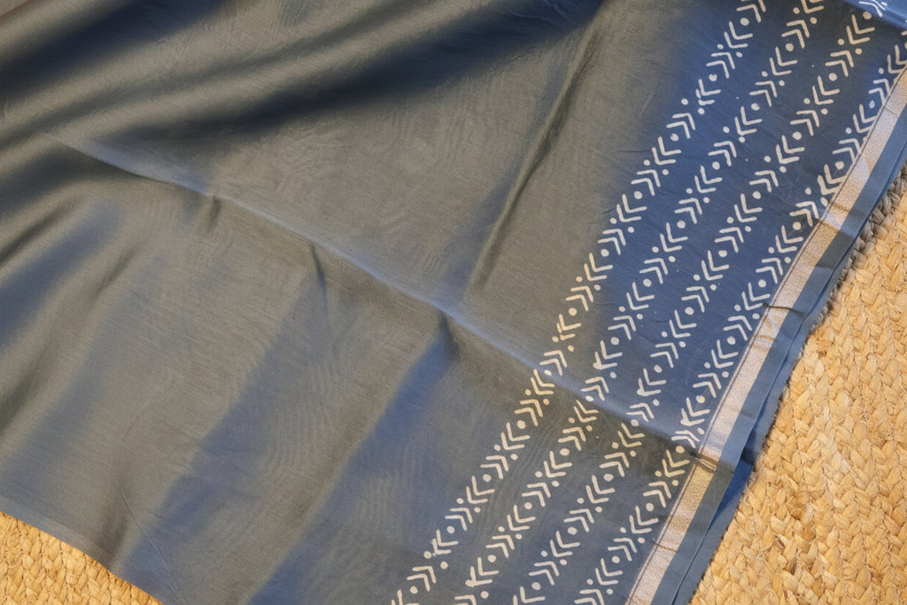 Turquoise Blue Pure Chanderi Silk Saree with Elegant White Prints and Zari Border –  100% Handloom | Blouse Piece Included