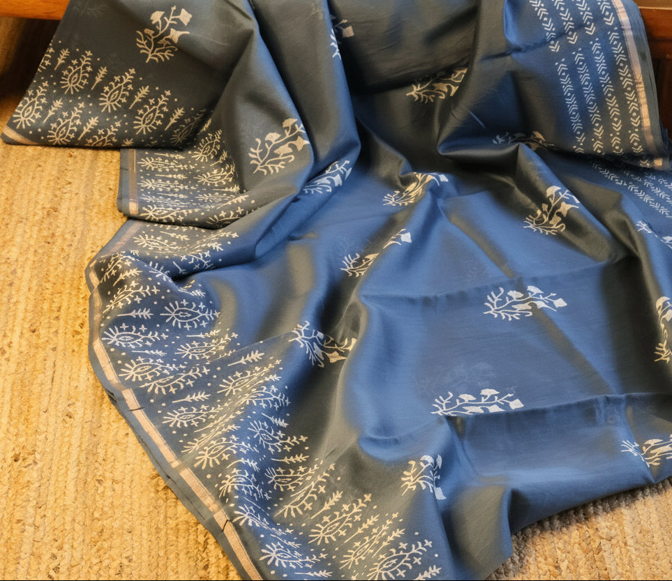 Turquoise Blue Pure Chanderi Silk Saree with Elegant White Prints and Zari Border –  100% Handloom | Blouse Piece Included