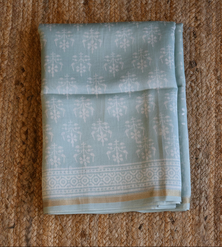 Pure Chanderi Silk Saree with Elegant blue &nbsp;Prints and Zari Border – 100% Handloom.