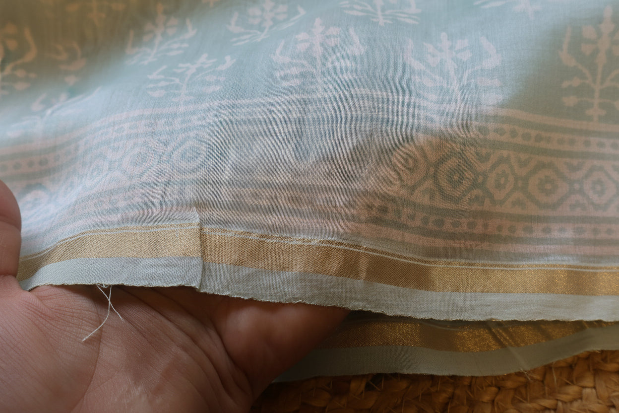 Pure Chanderi Silk Saree with Elegant blue &nbsp;Prints and Zari Border – 100% Handloom.