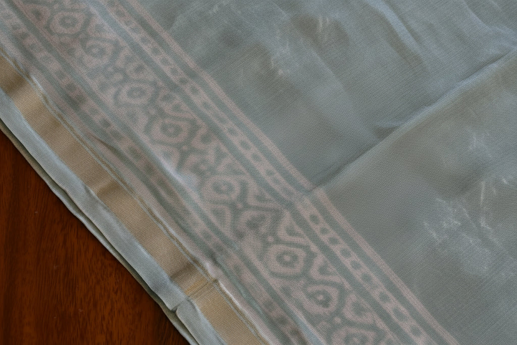 Pure Chanderi Silk Saree with Elegant blue &nbsp;Prints and Zari Border – 100% Handloom.