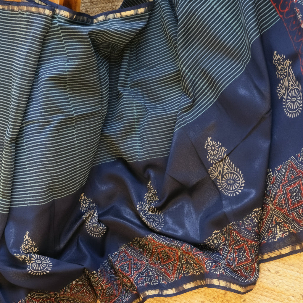 Pure Chanderi Silk Saree with Elegant blue &nbsp;Prints and Zari Border – 100% Handloom