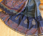 Pure Chanderi Silk Saree with Elegant blue &nbsp;Prints and Zari Border – 100% Handloom