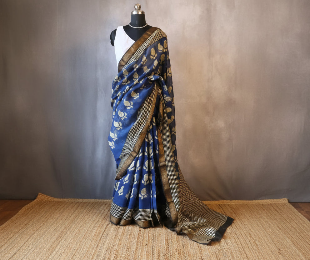Navy Blue and White Maheshwari Handloom Saree with White design and Silk Zari – 80% Silk, 20% Cotton (Cotton Silk).