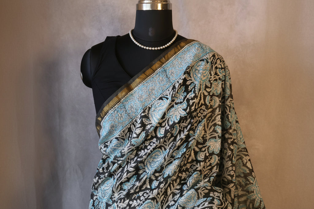 Pure Chanderi Silk Saree with Elegant blue  Prints and Zari Border – 100% Handloom .