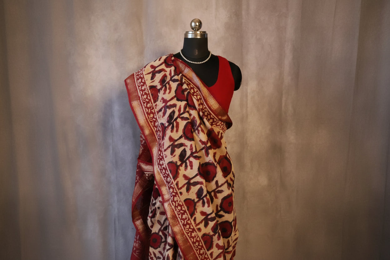 Maheshwari Handloom White Saree with Black Stripes and Silk Zari – 80% Silk, 20% Cotton (Cotton Silk) – Comes with Matching Blouse Piece