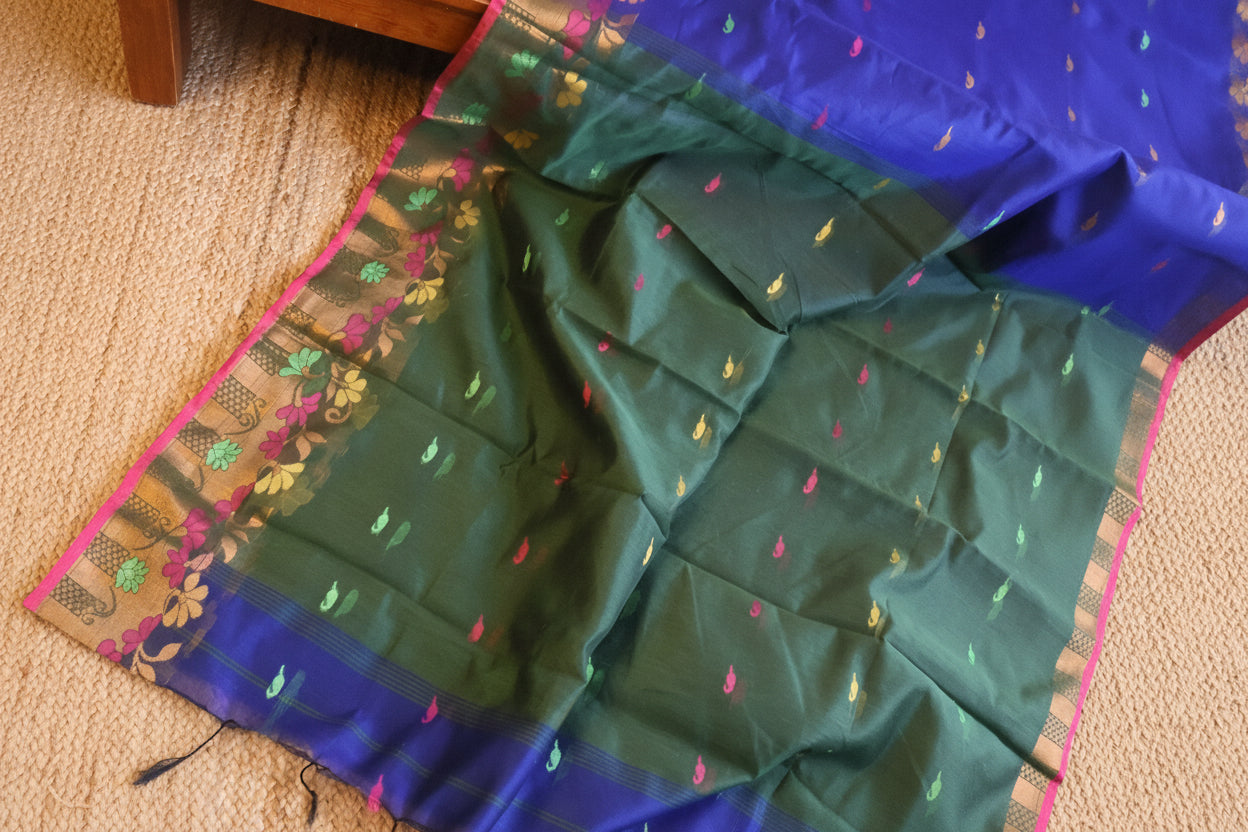 Handwoven Saree with Pure Zari cotton raw silk blend with blouse. Light weight easy to drape. Comfortable all day.