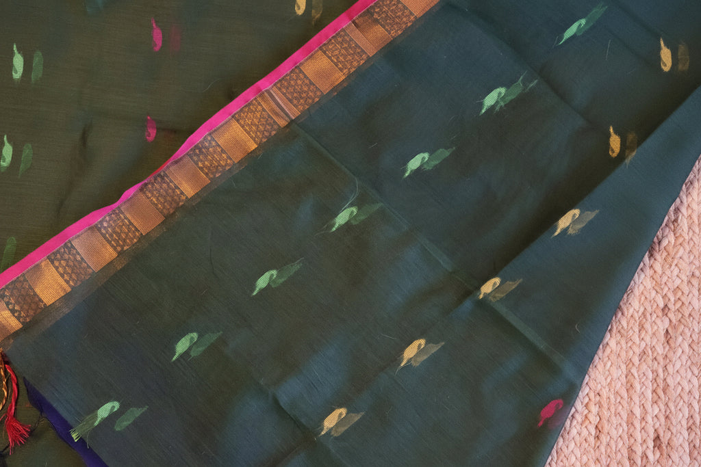 Handwoven Saree with Pure Zari cotton raw silk blend with blouse. Light weight easy to drape. Comfortable all day.