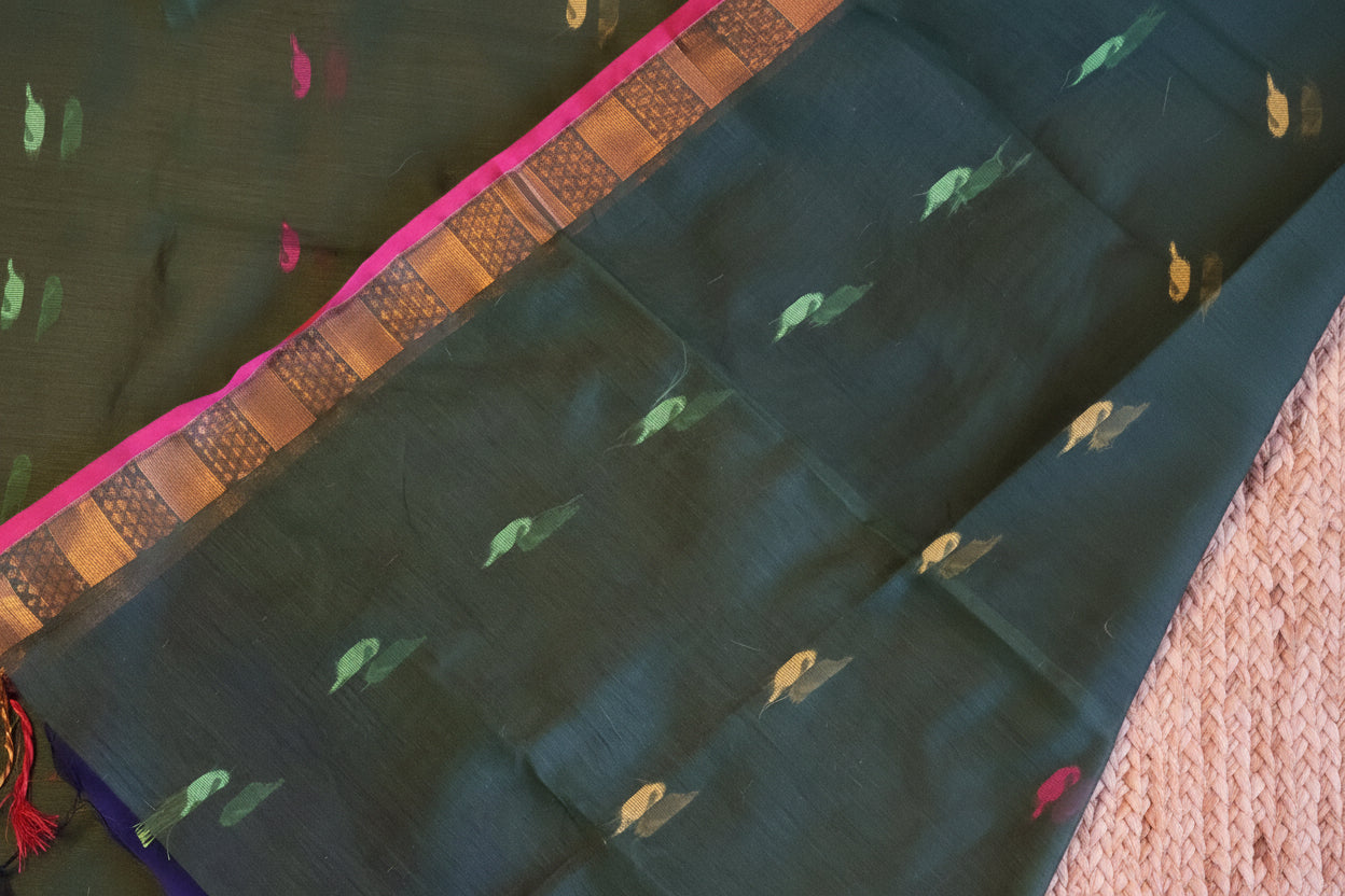 Handwoven Saree with Pure Zari cotton raw silk blend with blouse. Light weight easy to drape. Comfortable all day.