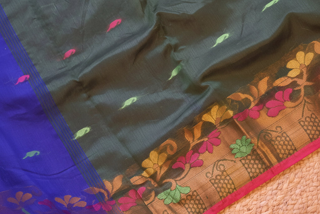 Handwoven Saree with Pure Zari cotton raw silk blend with blouse. Light weight easy to drape. Comfortable all day.