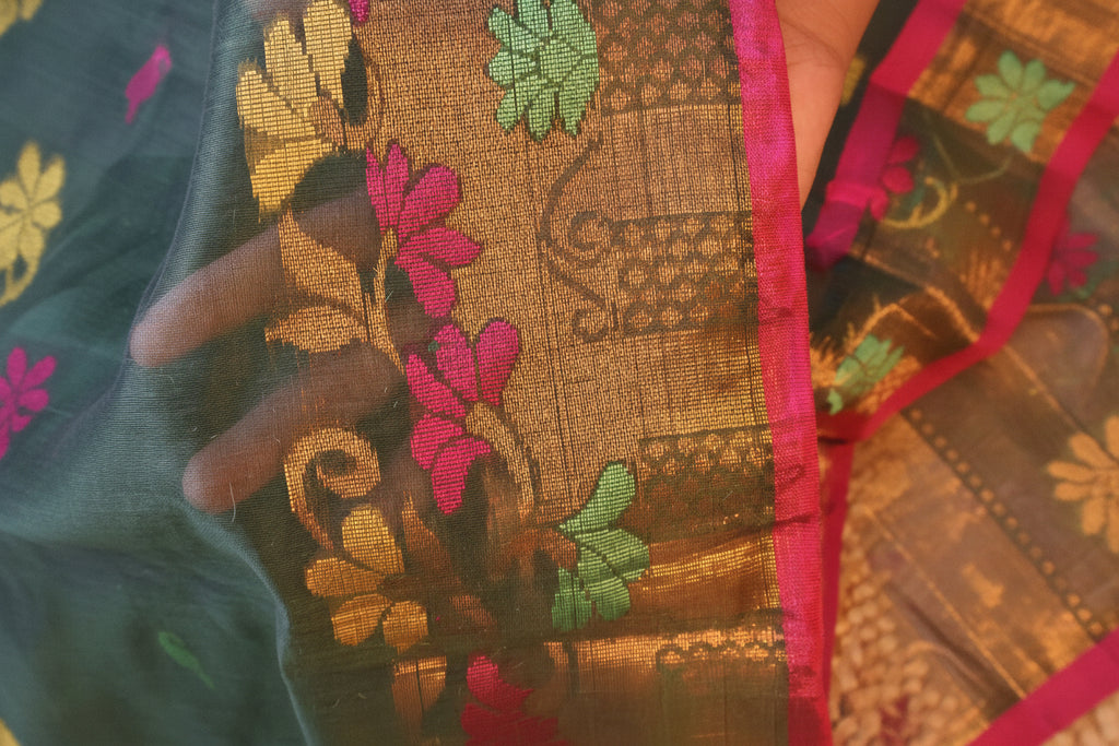 Handwoven Saree with Pure Zari cotton raw silk blend with blouse. Light weight easy to drape. Comfortable all day.